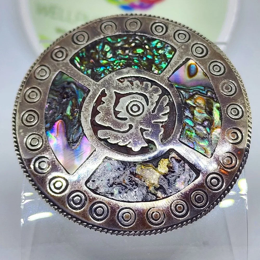 Vintage Taxco Sterling Silver Abalone Aztec Mexico Large Handmade Pin Pendant